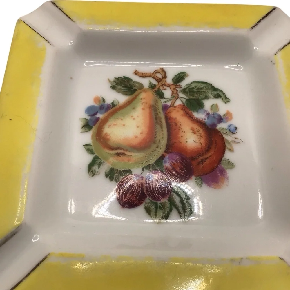 Vintage Japan Cherry China Porcelain Ashtray Fruit Pear Yellow Trim 5” Retro MCM